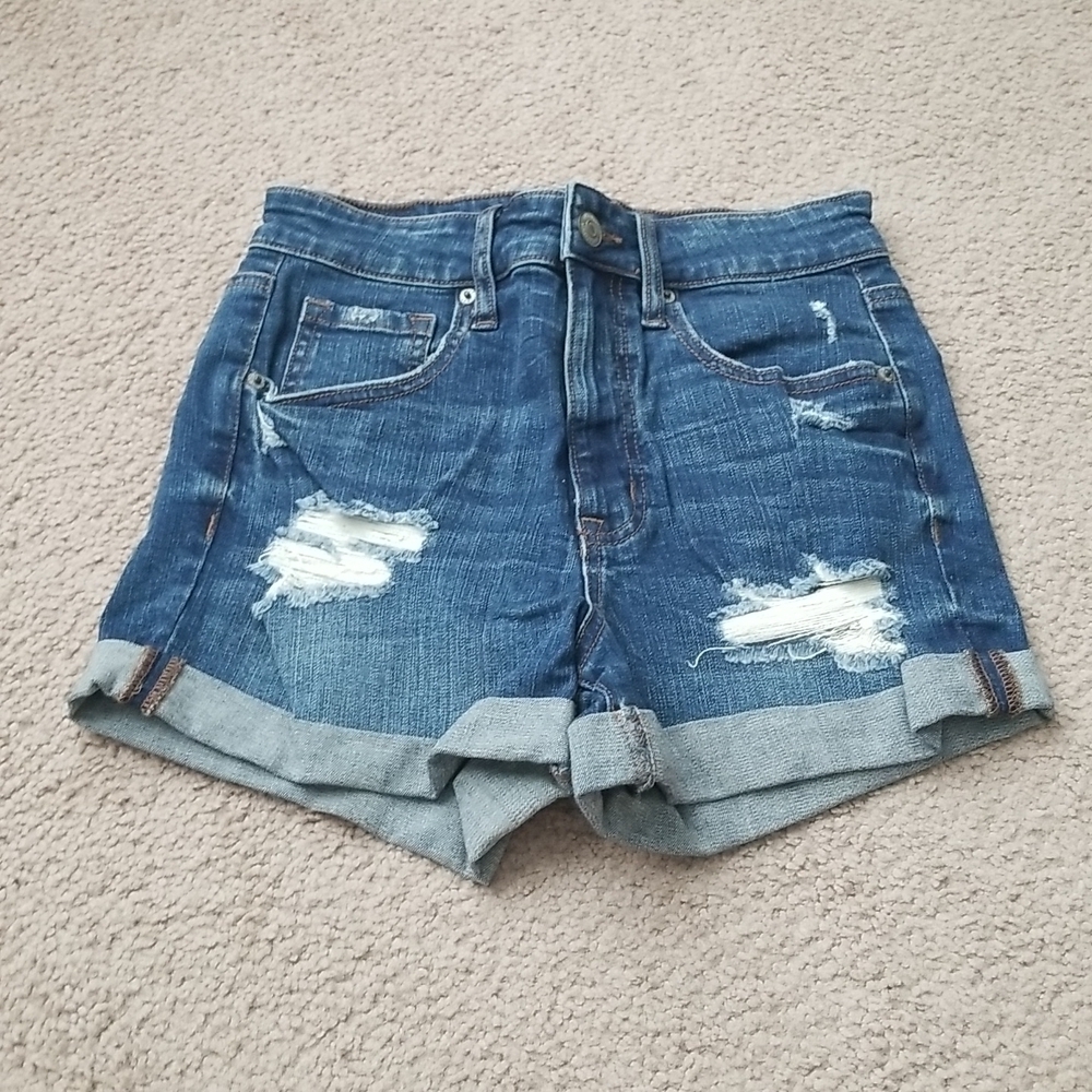 Aeropostale Super High Rise Midi Cuffed Distressed Denim Shorts